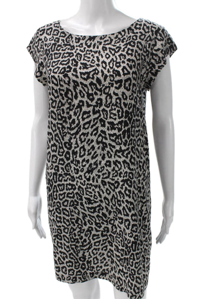 Joie Womens Shift Dress Black Silk Animal Print Boat Neck Short Sleeve Size S