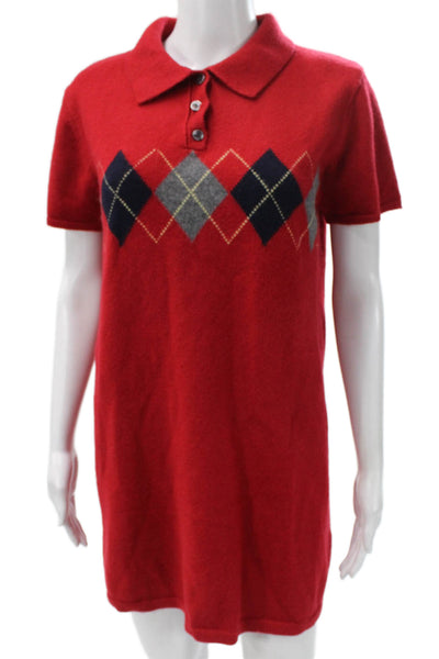 Zara Womens Sweater Dress Red Argyle Collared Short Sleeve Acrylic Size M