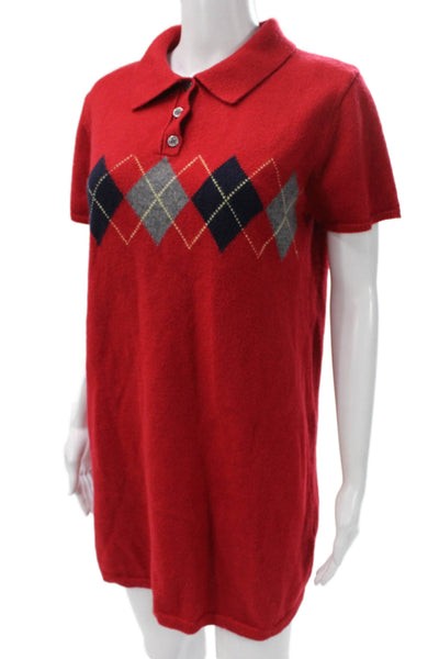 Zara Womens Sweater Dress Red Argyle Collared Short Sleeve Acrylic Size M
