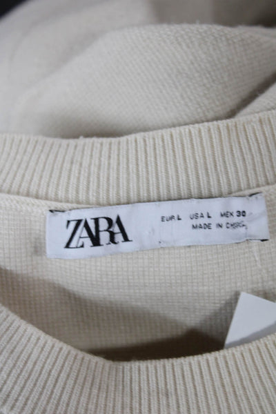 Zara Women Ivory Crew Neck Long Sleeve Pullover Sweater Size L