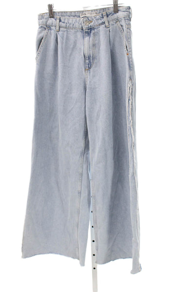 Zara Womens Wide Leg Jeans Blue Mid Rise Button 29in Inseam Size 2