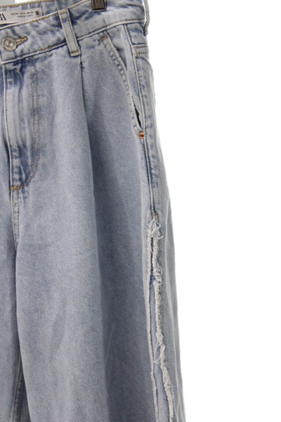 Zara Womens Wide Leg Jeans Blue Mid Rise Button 29in Inseam Size 2