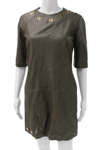 Ella Levy Women Shift Leather Green Short Half Sleeve Round Neck Dress Size 2
