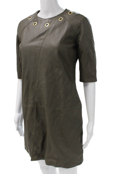 Ella Levy Women Shift Leather Green Short Half Sleeve Round Neck Dress Size 2