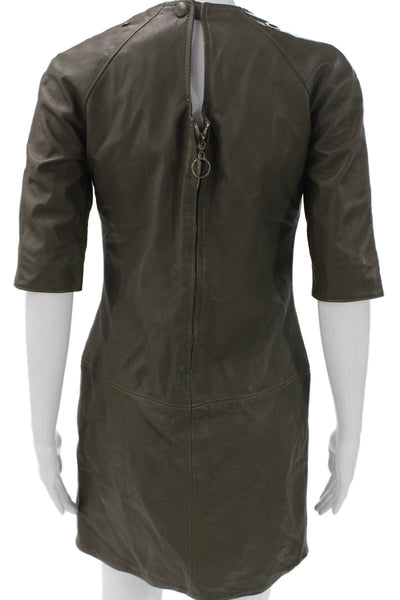 Ella Levy Women Shift Leather Green Short Half Sleeve Round Neck Dress Size 2