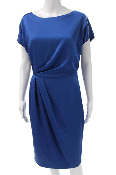 MM. La Fleur Womens Sheath Dress Blue Satin Boat Neck Short Sleeve Size 4