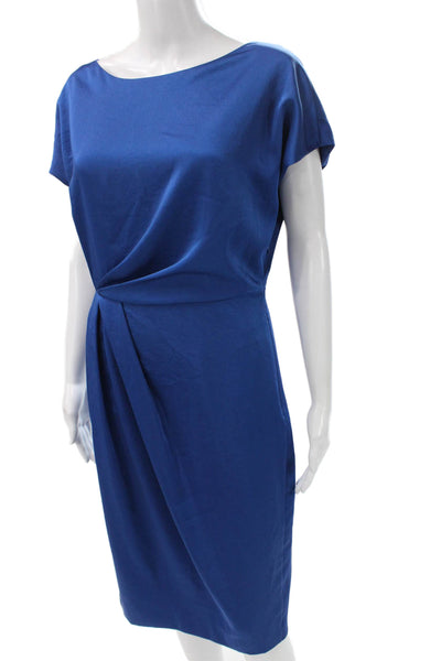 MM. La Fleur Womens Sheath Dress Blue Satin Boat Neck Short Sleeve Size 4