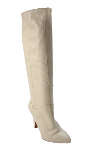 Franco Sarto Womens Leather Knee High Heeled Boots Beige Size 8