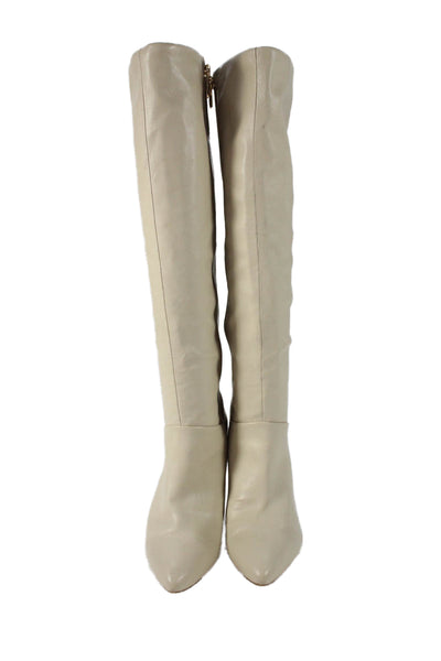 Franco Sarto Womens Leather Knee High Heeled Boots Beige Size 8