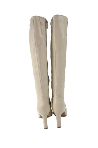 Franco Sarto Womens Leather Knee High Heeled Boots Beige Size 8