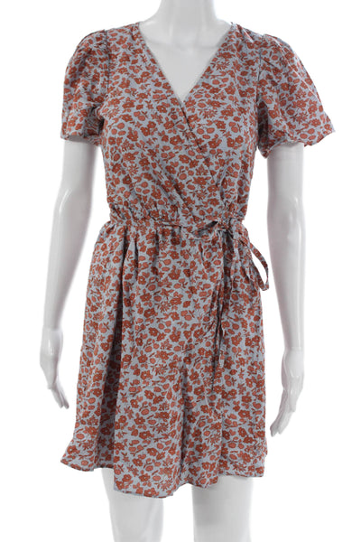 Madewell Women Wrap Dress Blue Floral V Neck Cotton Short Sleeve Size S