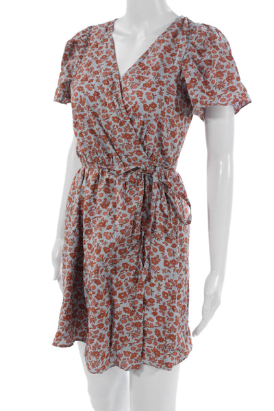 Madewell Women Wrap Dress Blue Floral V Neck Cotton Short Sleeve Size S