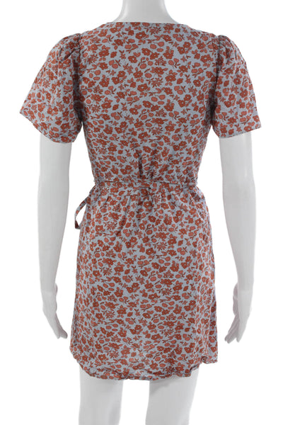 Madewell Women Wrap Dress Blue Floral V Neck Cotton Short Sleeve Size S