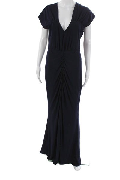 Jewel Badgley Mischka Women Blue V-Neck Maxi Dress Short Sleeve Zip Size 10