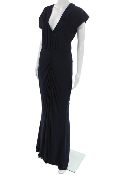Jewel Badgley Mischka Women Blue V-Neck Maxi Dress Short Sleeve Zip Size 10