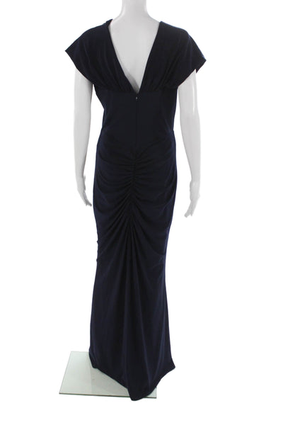 Jewel Badgley Mischka Women Blue V-Neck Maxi Dress Short Sleeve Zip Size 10