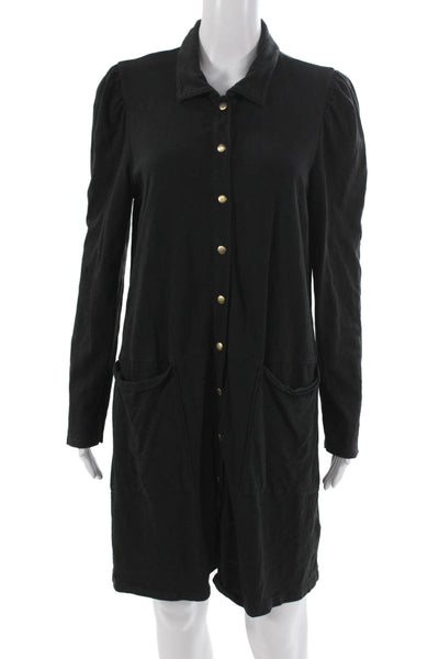 Nation LTD Women Shirt Dress Black Cotton Long-Sleeve Button Knee-Length Size L