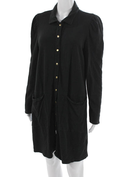 Nation LTD Women Shirt Dress Black Cotton Long-Sleeve Button Knee-Length Size L