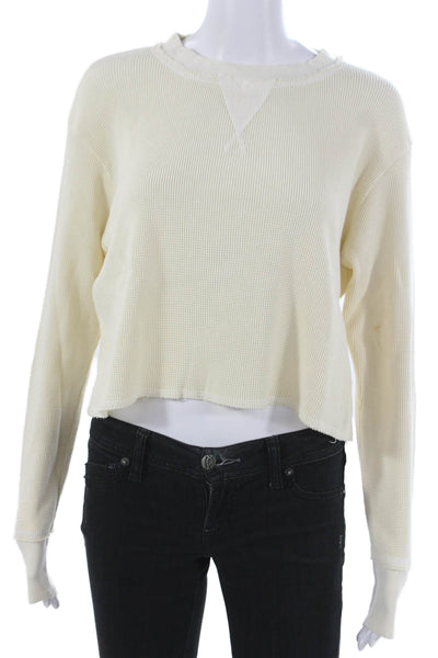 LA Made Womens Cropped Ivory Cotton T-Shirt Crew Neck Long Sleeve Size XS