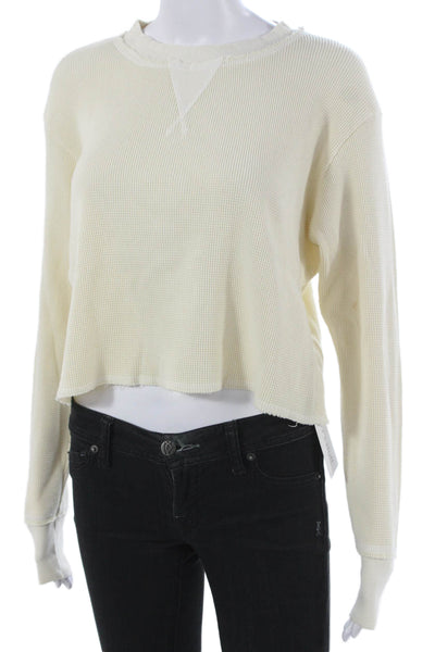 LA Made Womens Cropped Ivory Cotton T-Shirt Crew Neck Long Sleeve Size XS