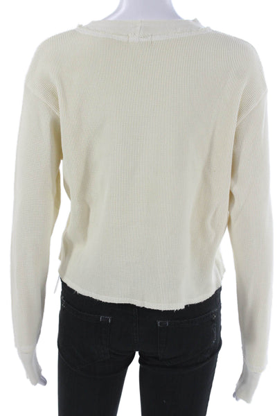 LA Made Womens Cropped Ivory Cotton T-Shirt Crew Neck Long Sleeve Size XS
