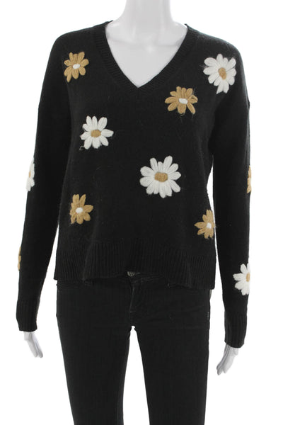 Lilly Pulitzer Womens Pullover Sweater Black Floral V Neck Long Sleeve Size XS