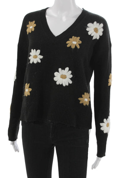 Lilly Pulitzer Womens Pullover Sweater Black Floral V Neck Long Sleeve Size XS