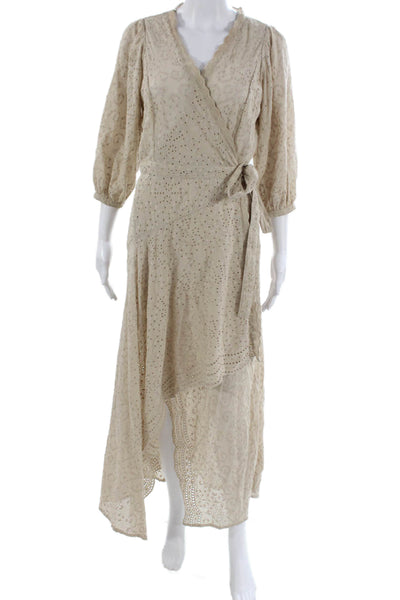 BCBGMAXAZRIA Womens Wrap Dress Beige V-Neck Midi 3/4 Sleeve Cotton Size 2XS