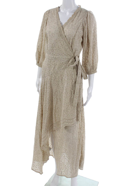 BCBGMAXAZRIA Womens Wrap Dress Beige V-Neck Midi 3/4 Sleeve Cotton Size 2XS