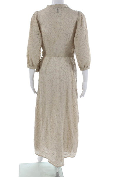 BCBGMAXAZRIA Womens Wrap Dress Beige V-Neck Midi 3/4 Sleeve Cotton Size 2XS