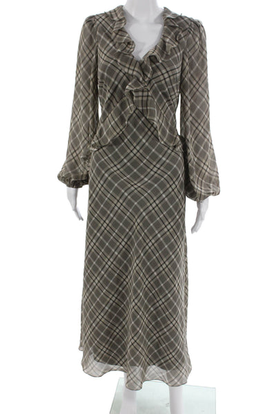 Taylor Women Maxi Plaid V-Neck Long Sleeve Tie Waist Gray Dress Size 6