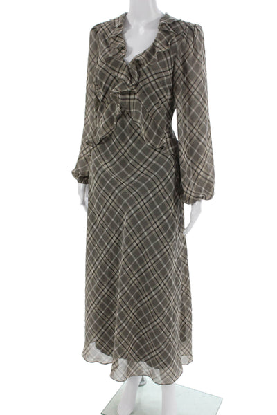 Taylor Women Maxi Plaid V-Neck Long Sleeve Tie Waist Gray Dress Size 6