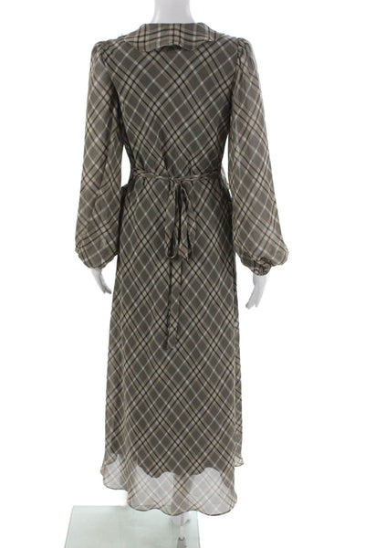 Taylor Women Maxi Plaid V-Neck Long Sleeve Tie Waist Gray Dress Size 6