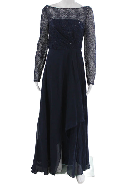 Carmen Marc Valvo Womens Maxi Dress Blue Boat Neck Long Sleeve Polyester Size 4