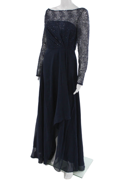 Carmen Marc Valvo Womens Maxi Dress Blue Boat Neck Long Sleeve Polyester Size 4