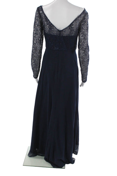 Carmen Marc Valvo Womens Maxi Dress Blue Boat Neck Long Sleeve Polyester Size 4