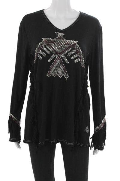 Double D Ranch Women Tunic V-Neck Long Sleeve Black Polyester Tee Size M