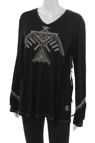Double D Ranch Women Tunic V-Neck Long Sleeve Black Polyester Tee Size M