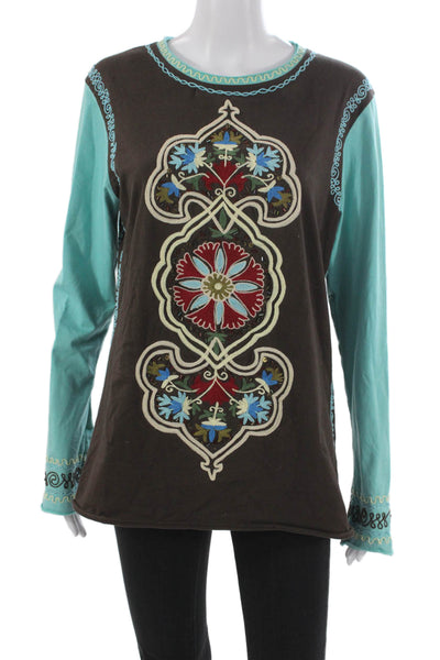 Double D Ranch Womens Tunic Long Sleeve Floral Cotton Crew Neck Brown Size L