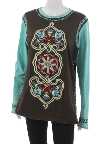 Double D Ranch Womens Tunic Long Sleeve Floral Cotton Crew Neck Brown Size L