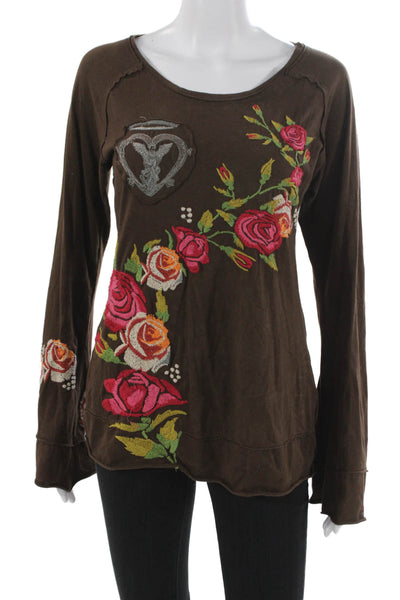 JW Los Angeles Women Brown Floral Tunic Top Long Sleeve Round Neck Size M