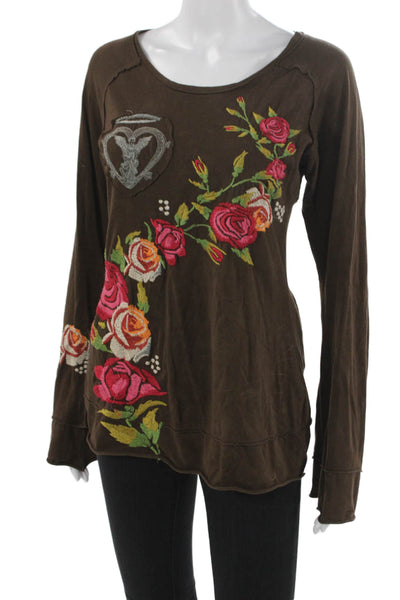 JW Los Angeles Women Brown Floral Tunic Top Long Sleeve Round Neck Size M