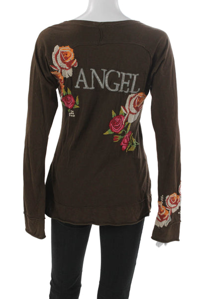JW Los Angeles Women Brown Floral Tunic Top Long Sleeve Round Neck Size M