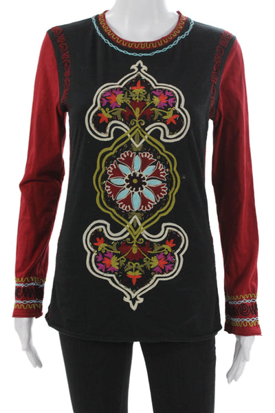 Double D Ranch Women Black Floral Cotton Long Sleeve Tunic Round Neck Size S