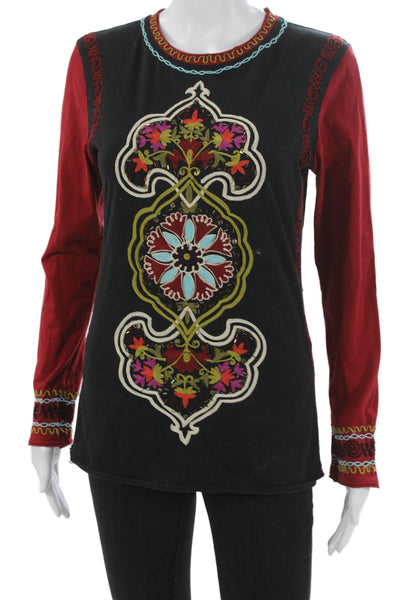 Double D Ranch Women Black Floral Cotton Long Sleeve Tunic Round Neck Size S