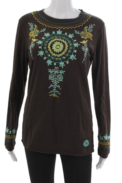 Double D Ranch Womens Tunic Brown Floral Cotton Round Neck Long Sleeve Size S