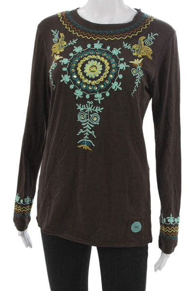 Double D Ranch Womens Tunic Brown Floral Cotton Round Neck Long Sleeve Size S