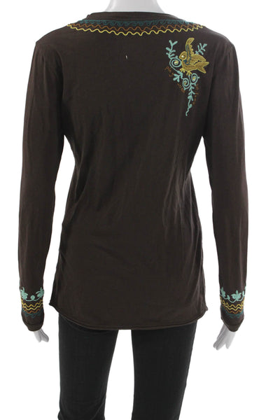 Double D Ranch Womens Tunic Brown Floral Cotton Round Neck Long Sleeve Size S