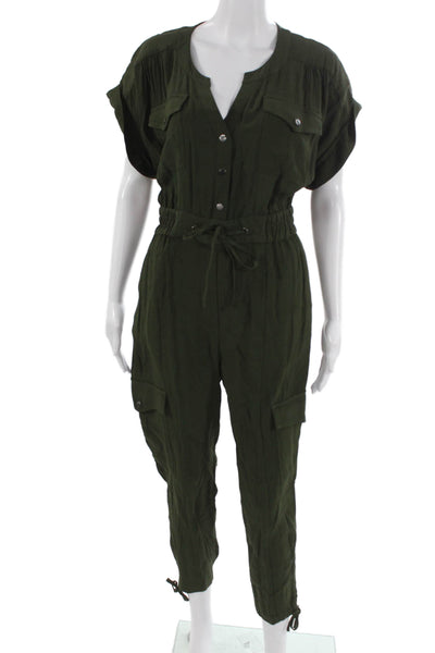 Parker Women Green V-Neck Short Sleeve Jumpsuit Button Viscose Size 2