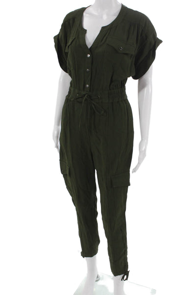 Parker Women Green V-Neck Short Sleeve Jumpsuit Button Viscose Size 2